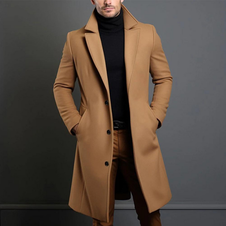 Men's Long Winter Coat - Tailored Slim Fit - Khaki