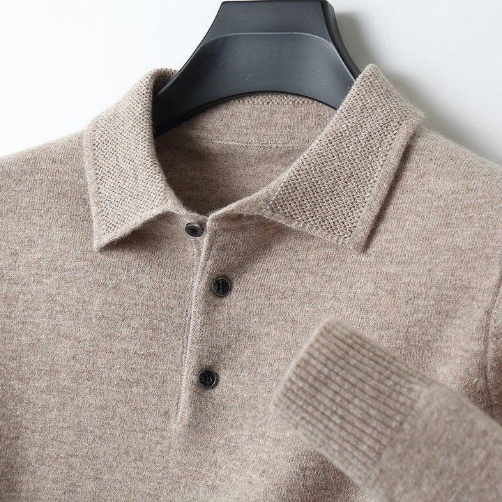 Men's Polo Sweater - Classic Knit with Collar - Beige