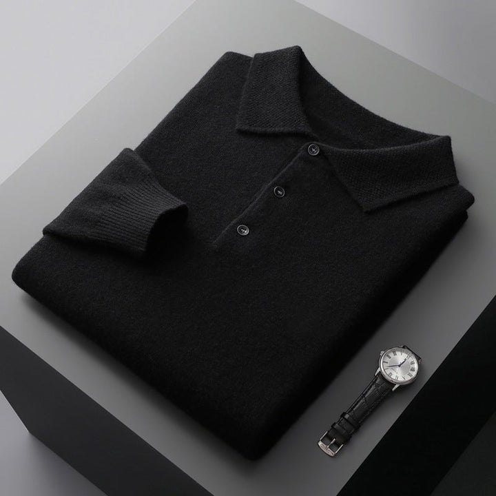 Men's Polo Sweater - Classic Knit with Collar - Black