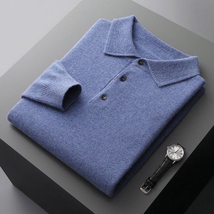 Men's Polo Sweater - Classic Knit with Collar - Blue