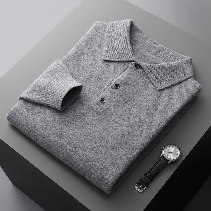 Men's Polo Sweater - Classic Knit with Collar - Grey