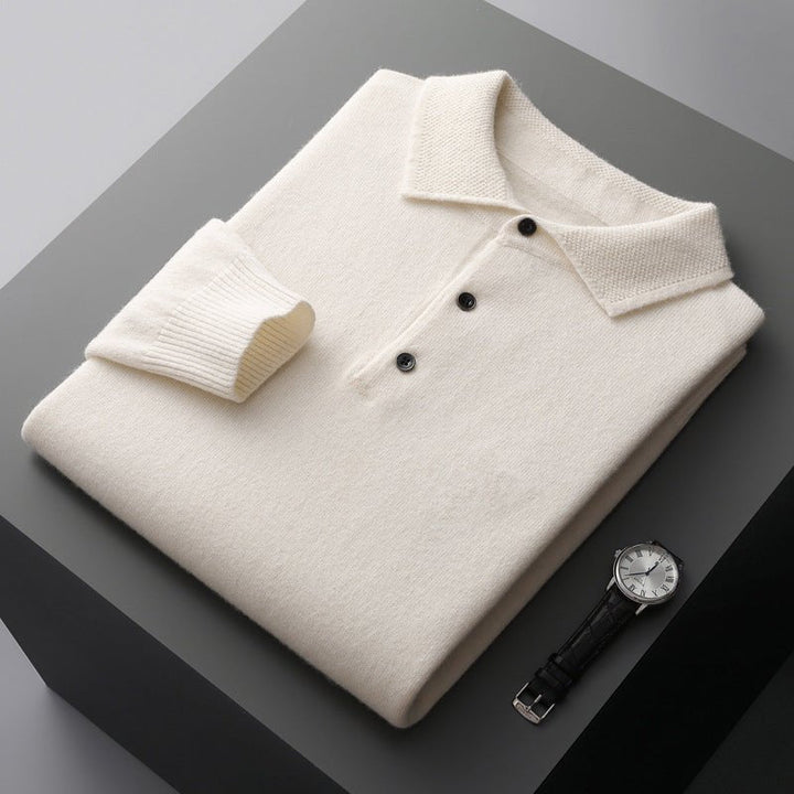 Men's Polo Sweater - Classic Knit with Collar - White