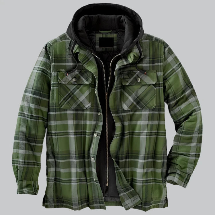 Men's Quilted Winter Jacket with Hood - Plaid Pattern - Army Green