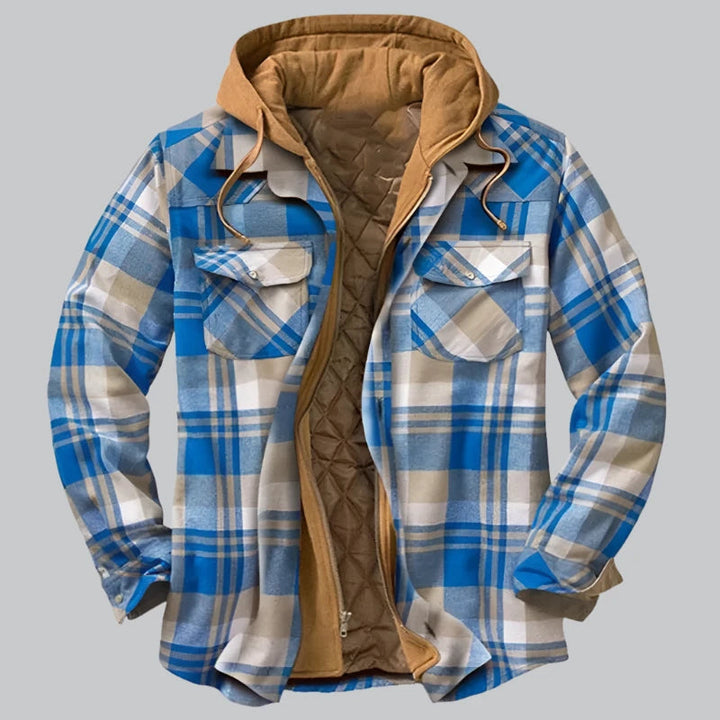 Men's Quilted Winter Jacket with Hood - Plaid Pattern - Blue
