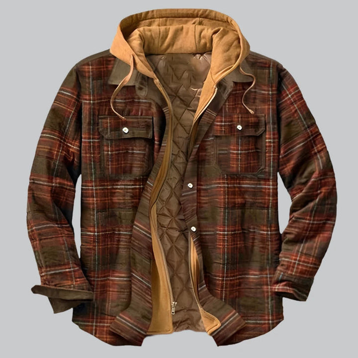 Men's Quilted Winter Jacket with Hood - Plaid Pattern - Brown