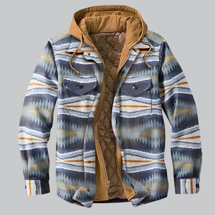 Men's Quilted Winter Jacket with Hood - Plaid Pattern - Grey