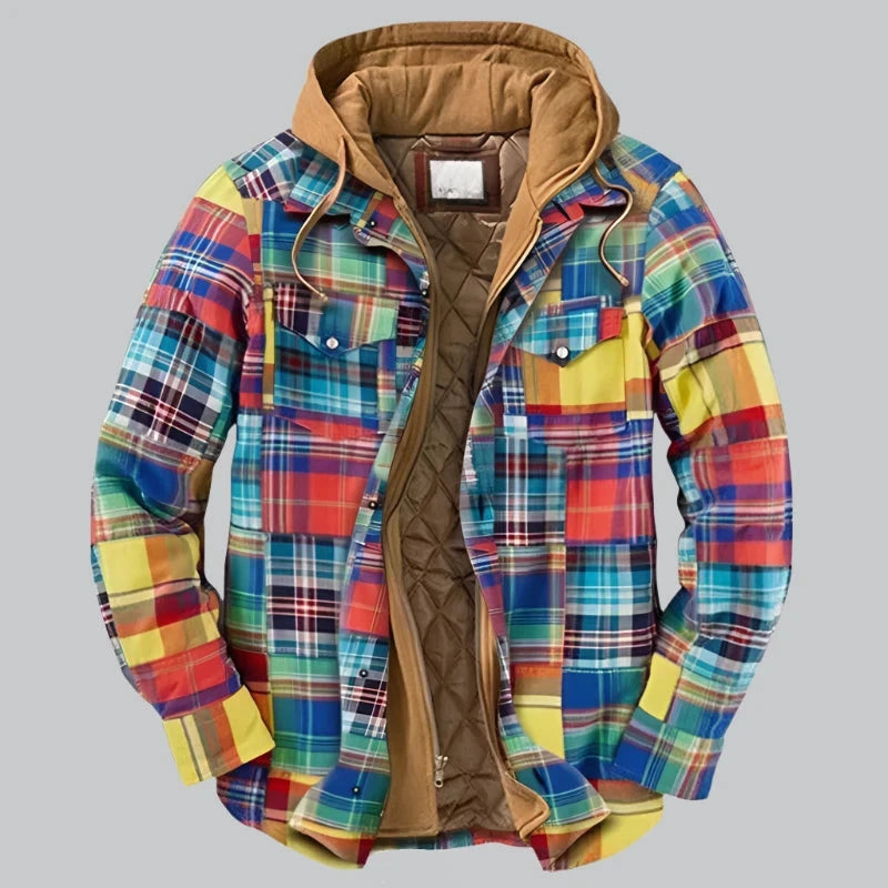 Men's Quilted Winter Jacket with Hood - Plaid Pattern - Multi-Color