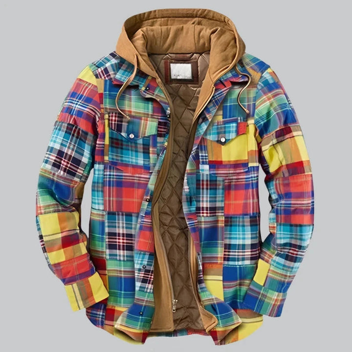 Men's Quilted Winter Jacket with Hood - Plaid Pattern - Multi-Color