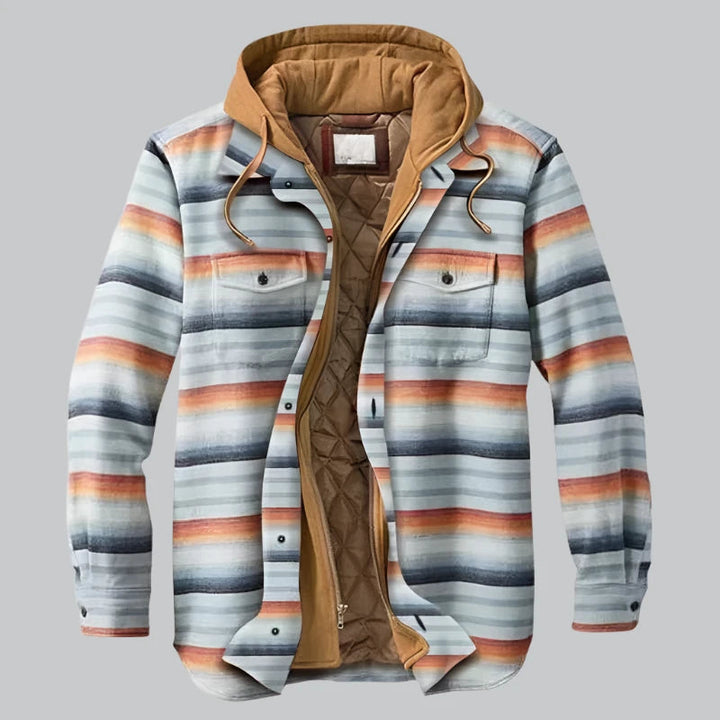 Men's Quilted Winter Jacket with Hood - Plaid Pattern - Navy Blue