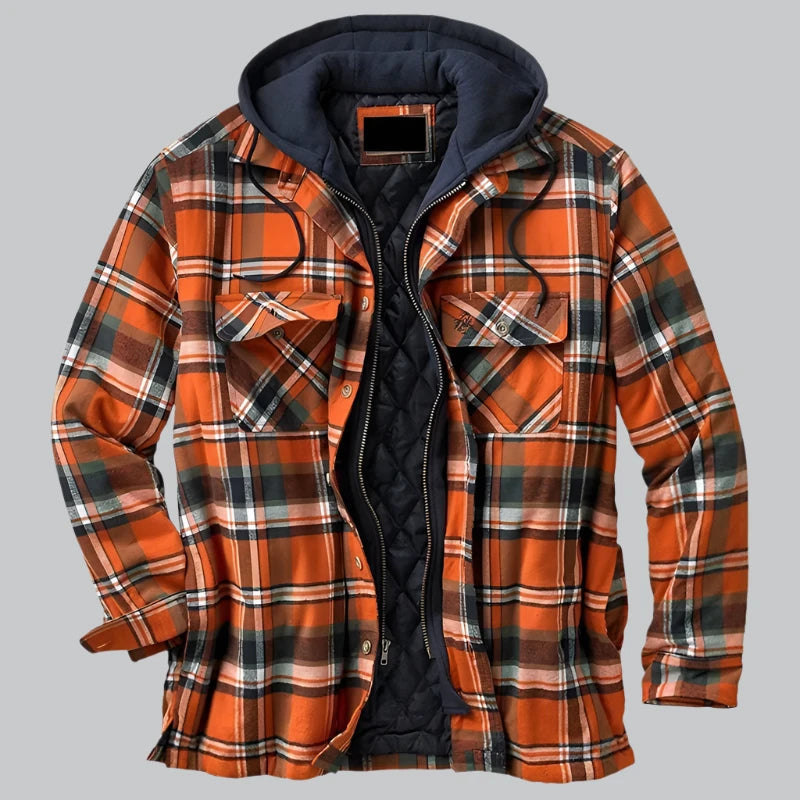 Men's Quilted Winter Jacket with Hood - Plaid Pattern - Orange