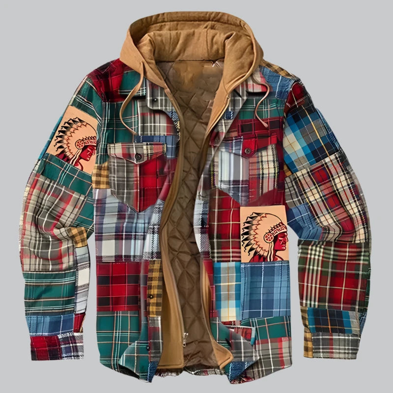 Men's Quilted Winter Jacket with Hood - Plaid Pattern - Plaid Pattern