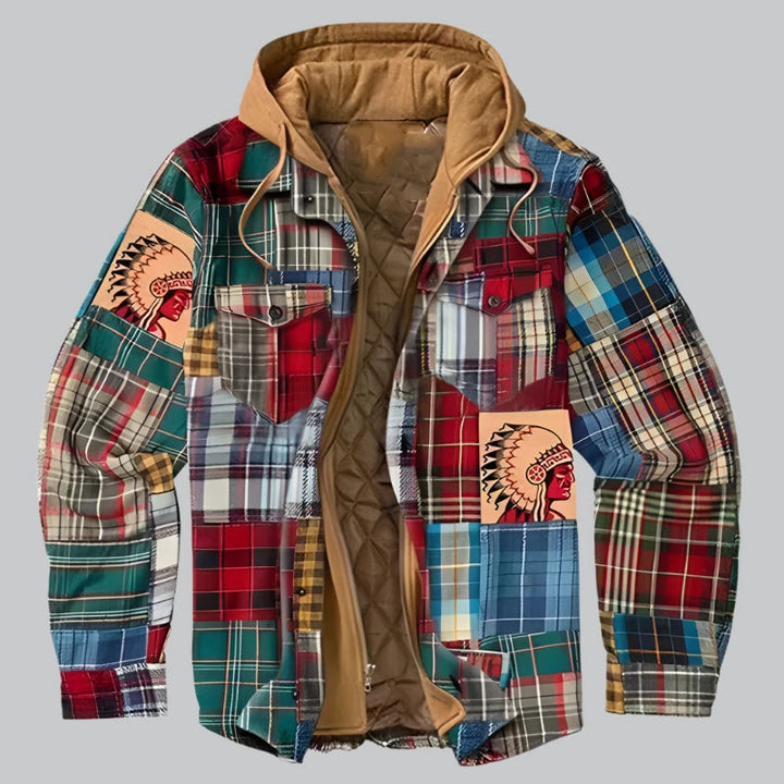 Men's Quilted Winter Jacket with Hood - Plaid Pattern - Plaid Pattern