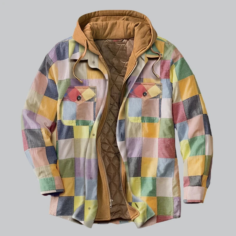 Men's Quilted Winter Jacket with Hood - Plaid Pattern - Rainbow