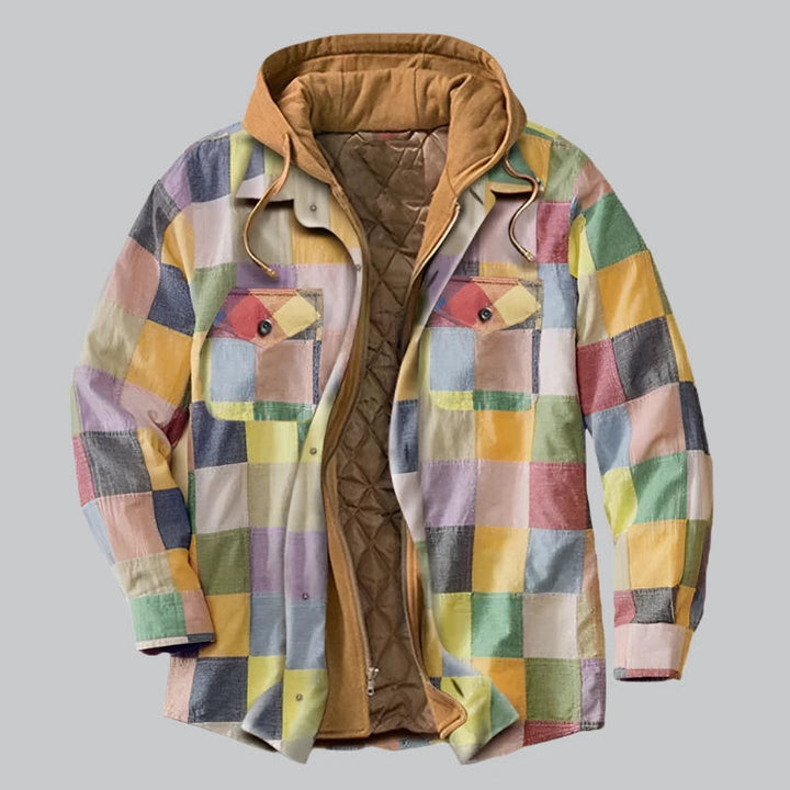 Men's Quilted Winter Jacket with Hood - Plaid Pattern - Rainbow