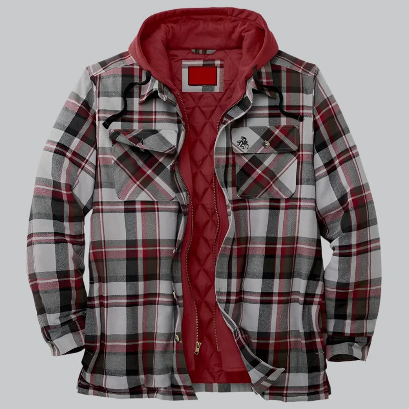 Men's Quilted Winter Jacket with Hood - Plaid Pattern - Red