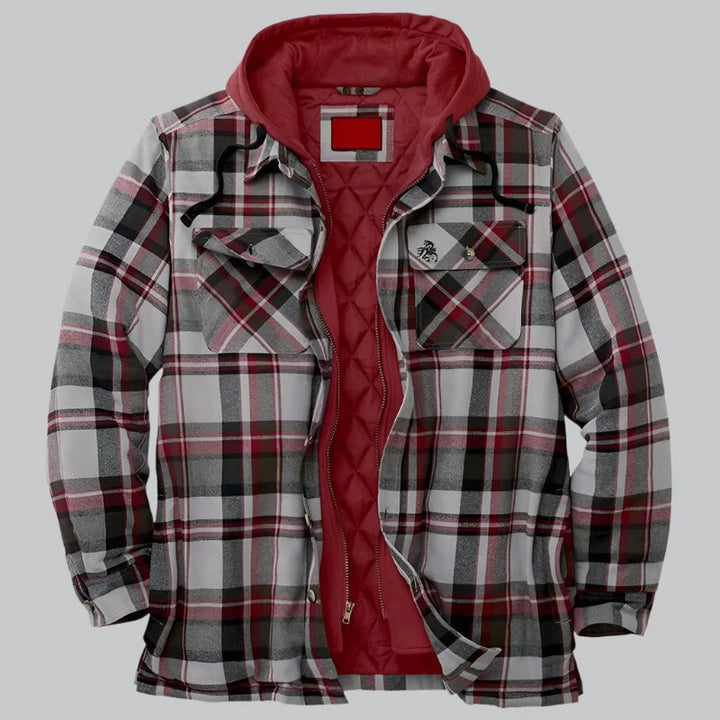 Men's Quilted Winter Jacket with Hood - Plaid Pattern - Red