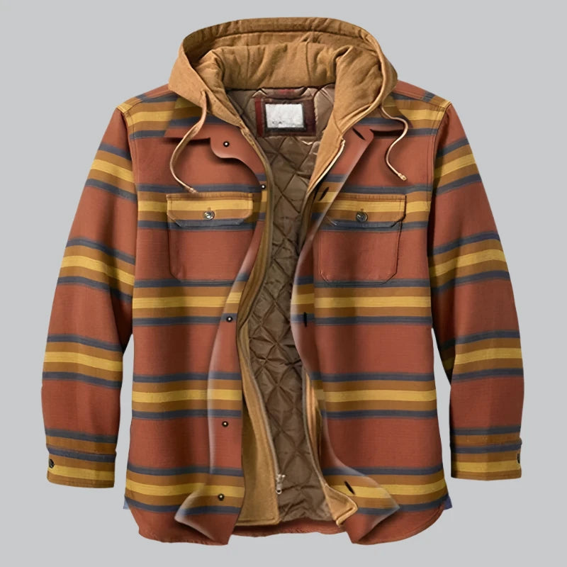 Men's Quilted Winter Jacket with Hood - Plaid Pattern - Yellow-Red