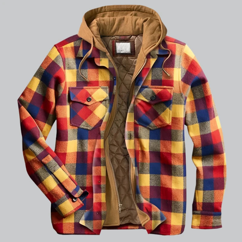Men's Quilted Winter Jacket with Hood - Plaid Pattern - Yellow