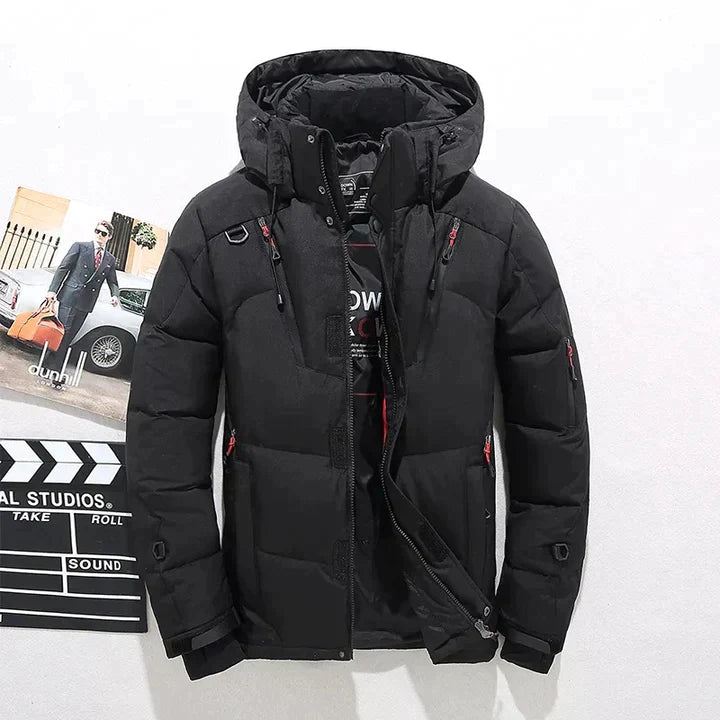 Men's Quilted Winter Jacket with Hood - Warm Parka - Black