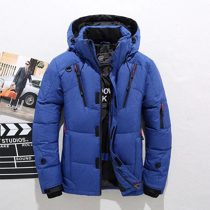 Men's Quilted Winter Jacket with Hood - Warm Parka - Blue