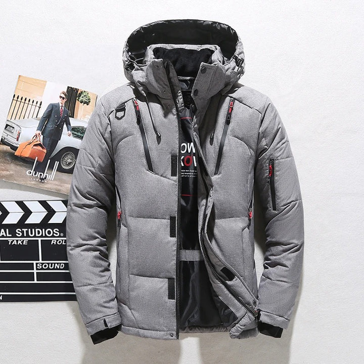 Men's Quilted Winter Jacket with Hood - Warm Parka - Grey