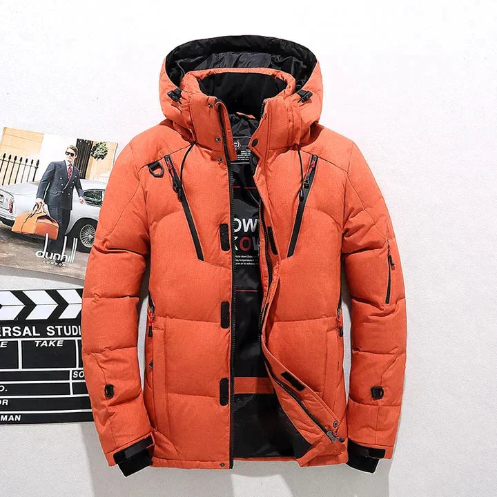 Men's Quilted Winter Jacket with Hood - Warm Parka - Orange