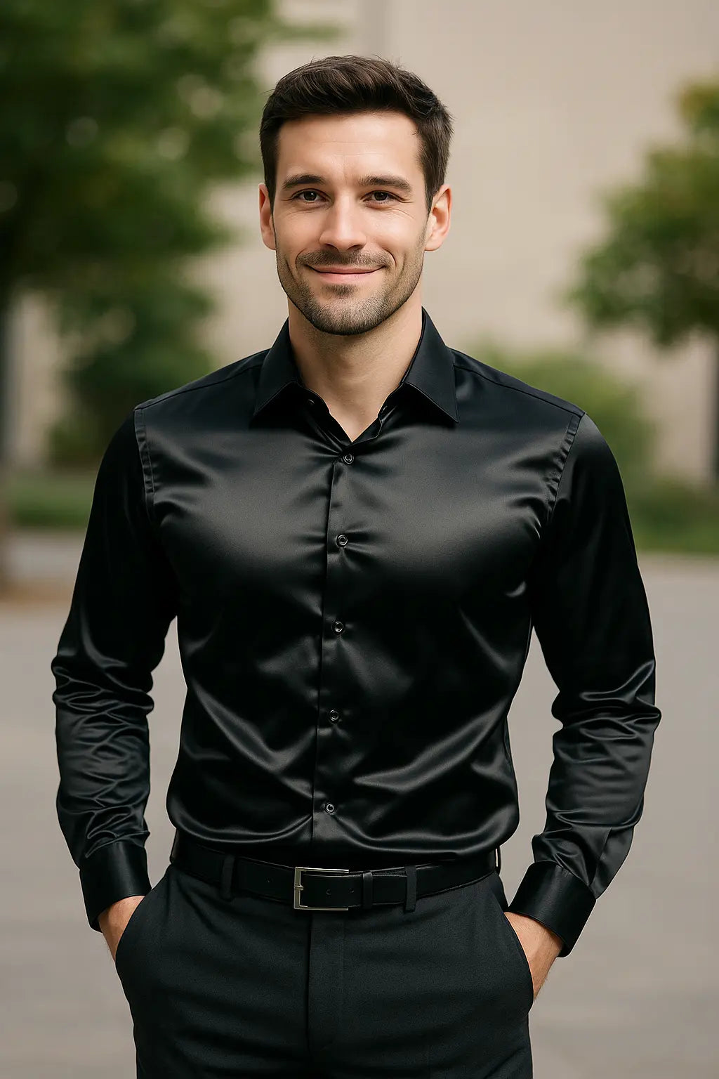 Men's Satin Dress Shirt - Slim Fit Long Sleeve - Black