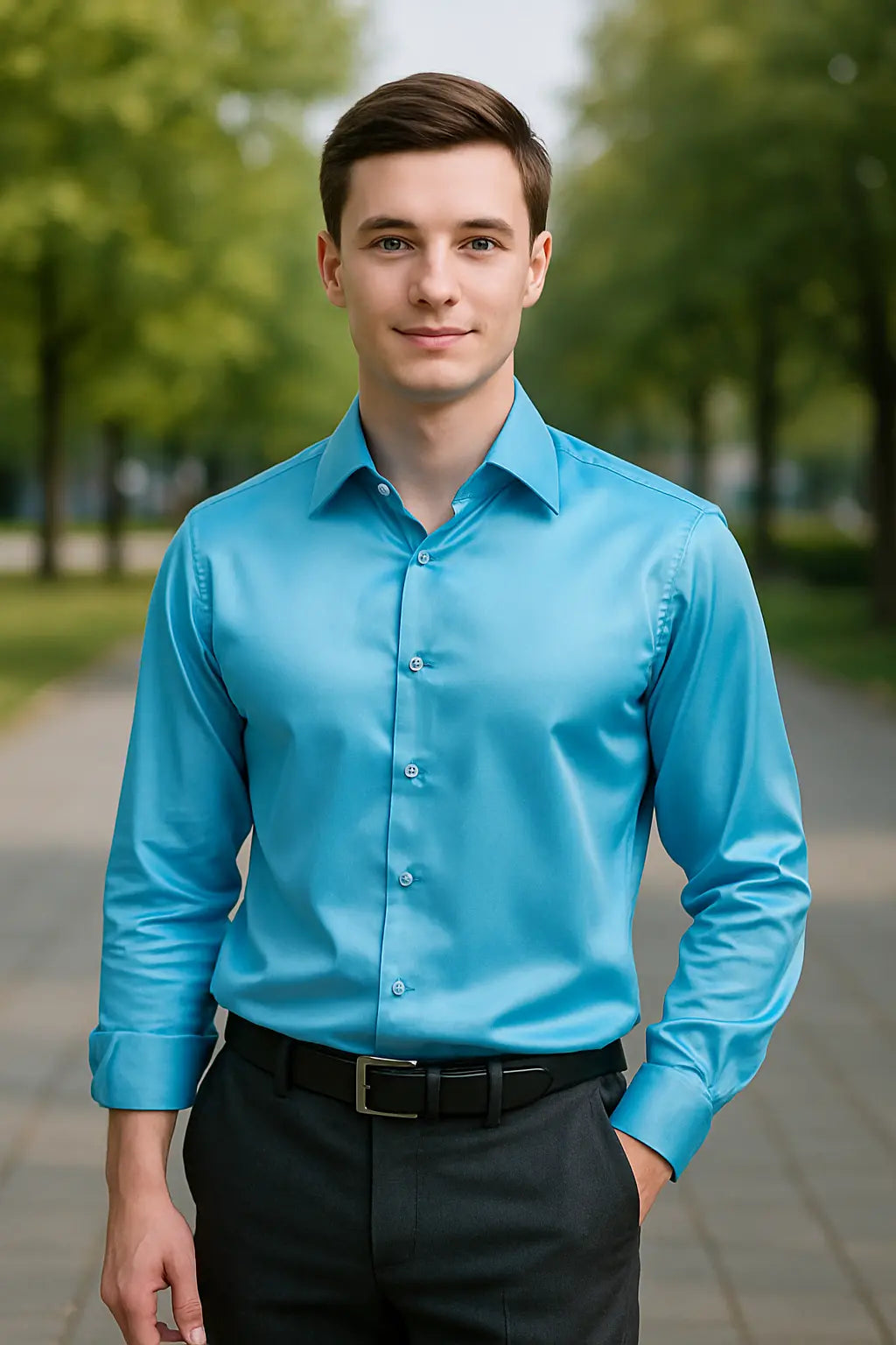 Men's Satin Dress Shirt - Slim Fit Long Sleeve - Blue