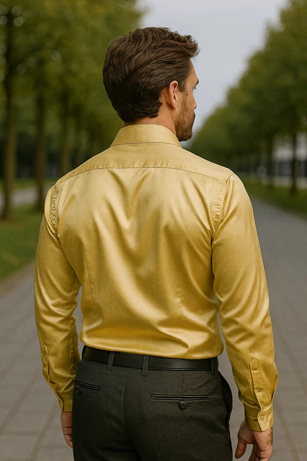 Men's Satin Dress Shirt - Slim Fit Long Sleeve