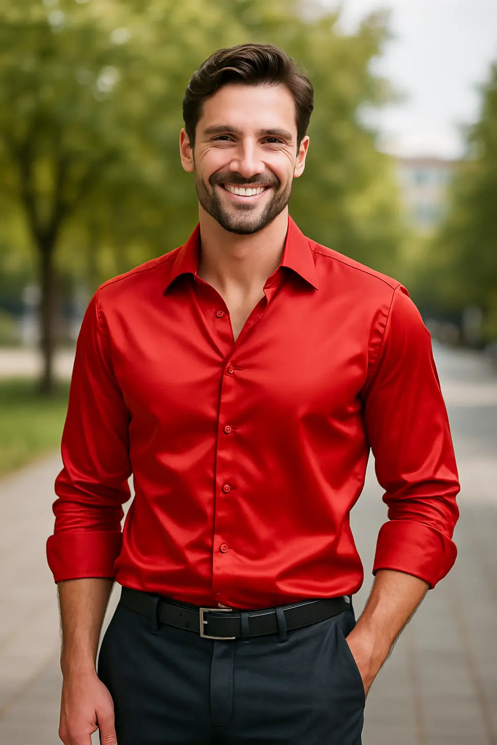 Men's Satin Dress Shirt - Slim Fit Long Sleeve - Red