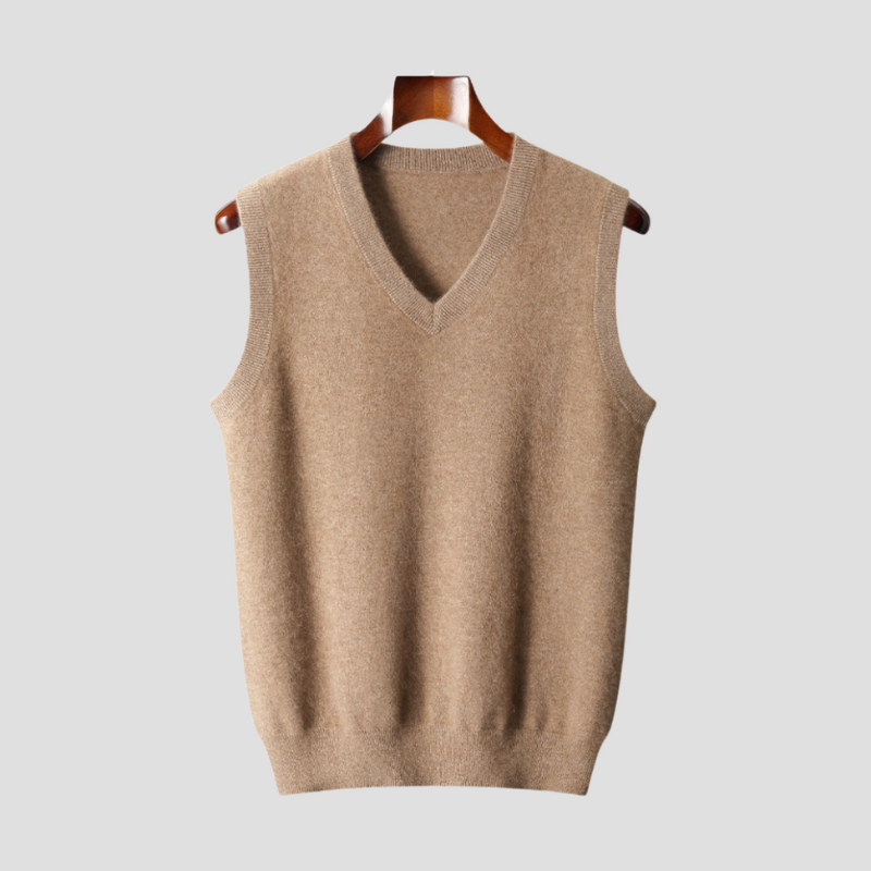 Men's Sleeveless V-Neck Sweater Vest - Classic Layering - Beige