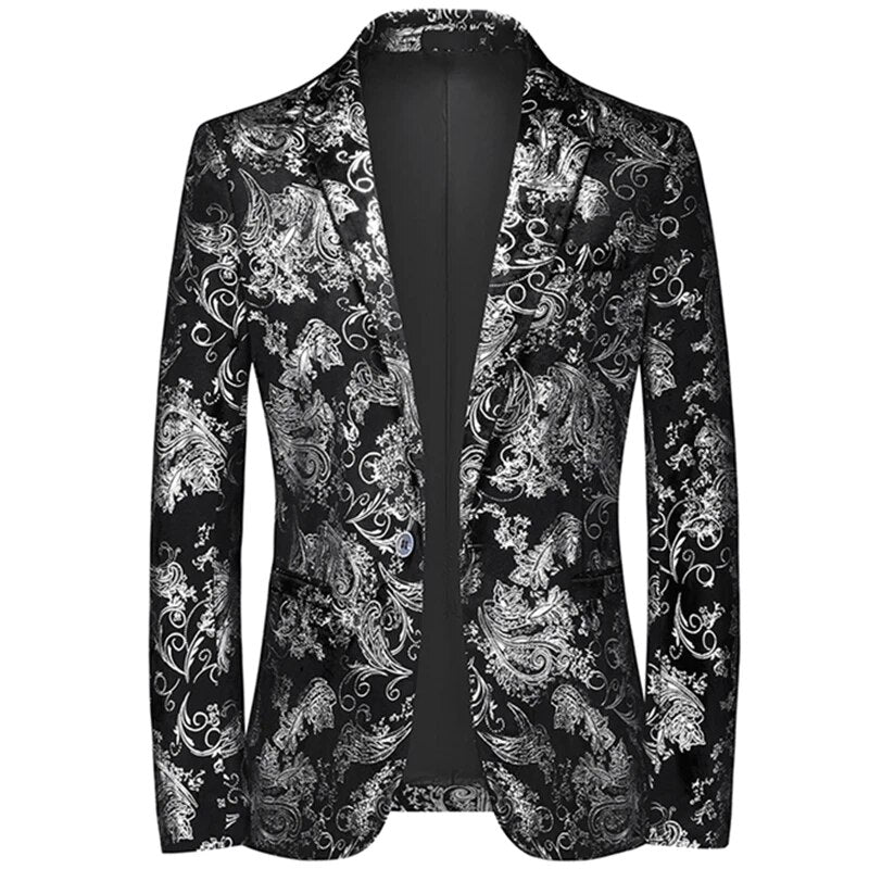 Men's Slim Fit Blazer with Metallic Print - Formal Evening Jacket - Silver