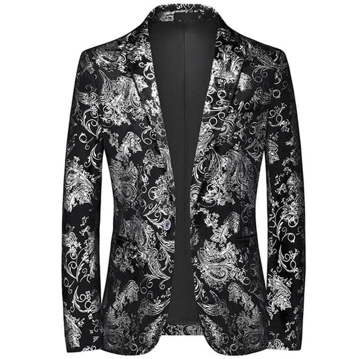 Men's Slim Fit Blazer with Metallic Print - Formal Evening Jacket - Silver