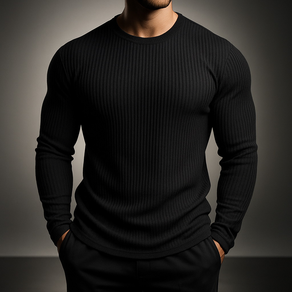 Men's Slim Fit Ribbed Knit Sweater - Long Sleeve - Black