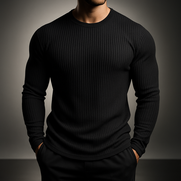 Men's Slim Fit Ribbed Knit Sweater - Long Sleeve - Black