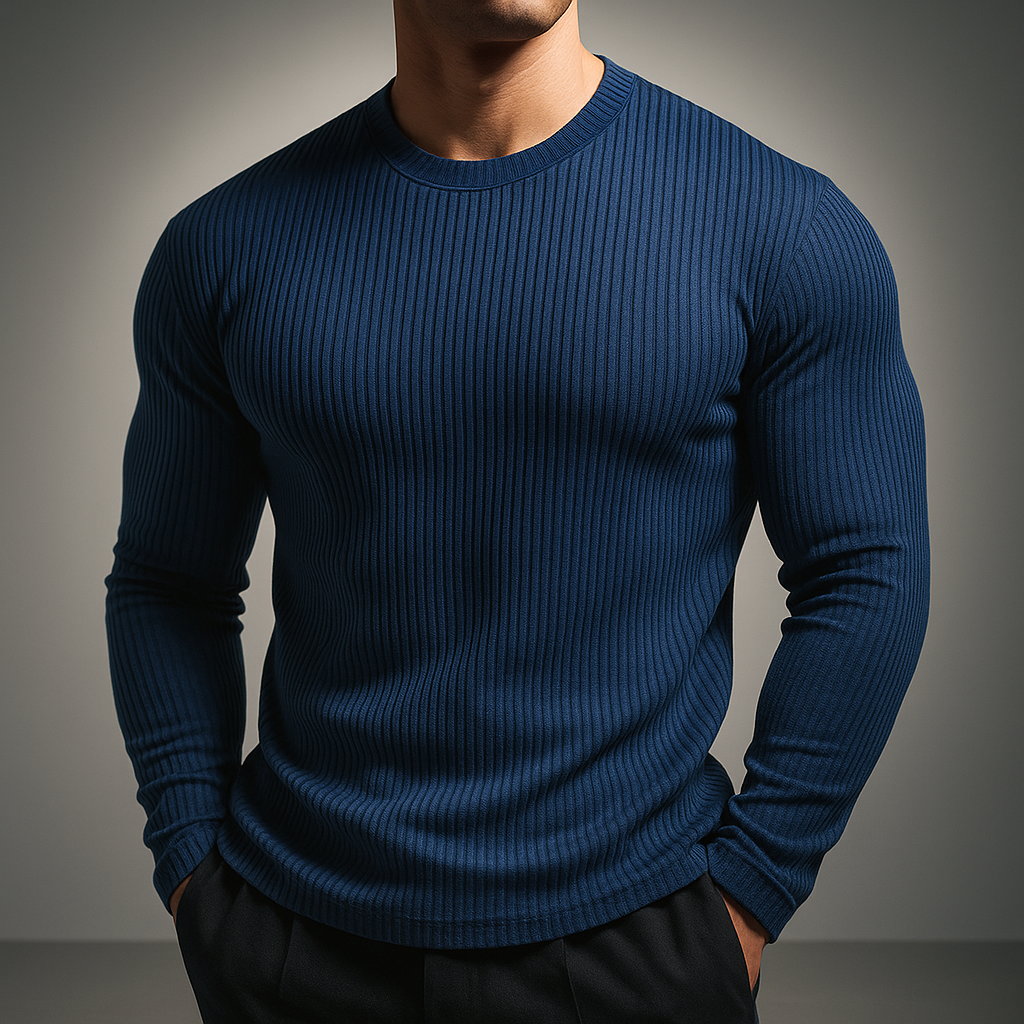 Men's Slim Fit Ribbed Knit Sweater - Long Sleeve - Blue