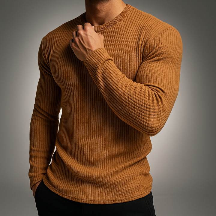 Men's Slim Fit Ribbed Knit Sweater - Long Sleeve - Brown