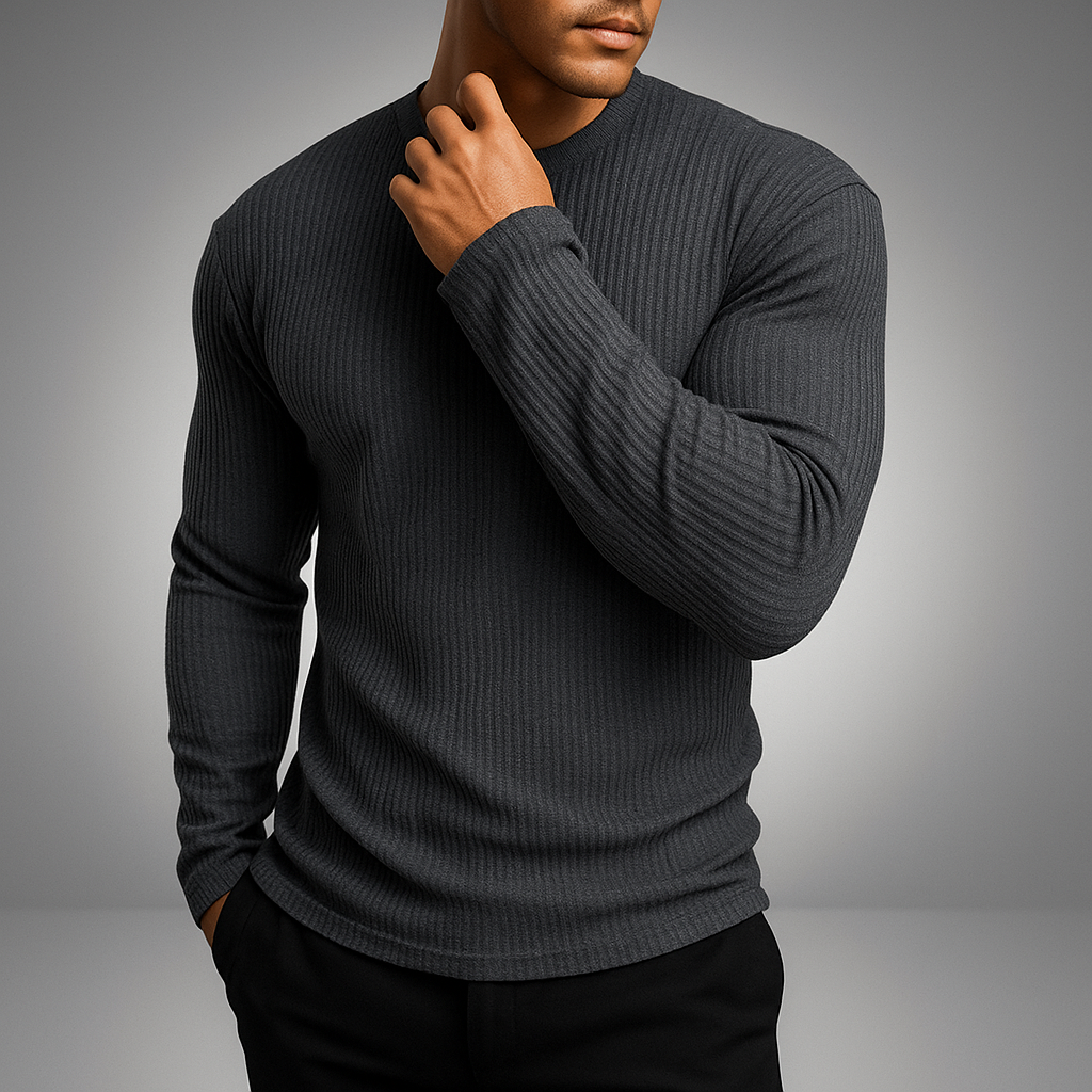 Men's Slim Fit Ribbed Knit Sweater - Long Sleeve - Grey