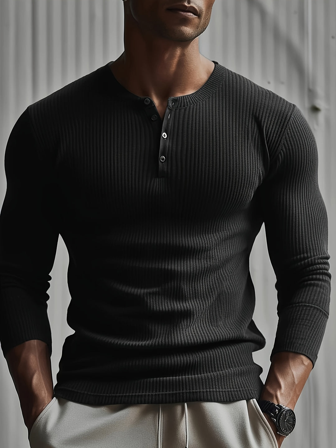 Men's Slim Fit Ribbed Shirt - Modern Casual - Black