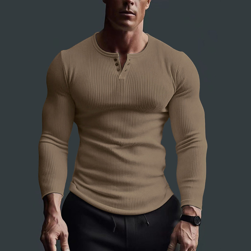 Men's Slim Fit Ribbed Shirt - Modern Casual - Khaki