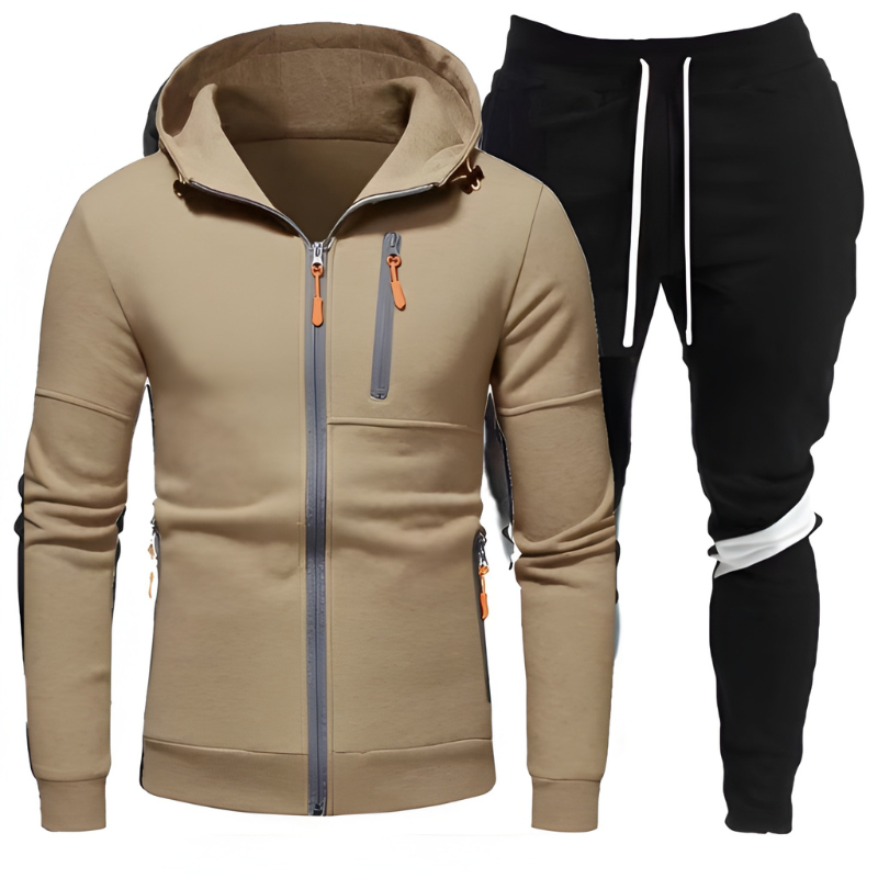 Men's Training Set Hoodie & Joggers - Sporty Comfort Fit - Khaki