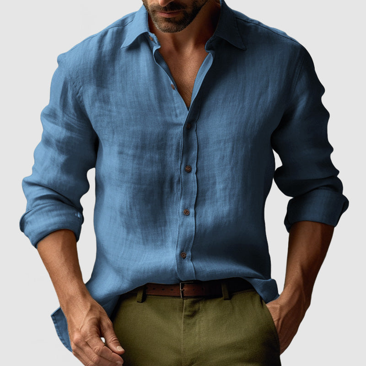 Men's Vintage Long Sleeve Shirt - Classic Button-Up - Blue