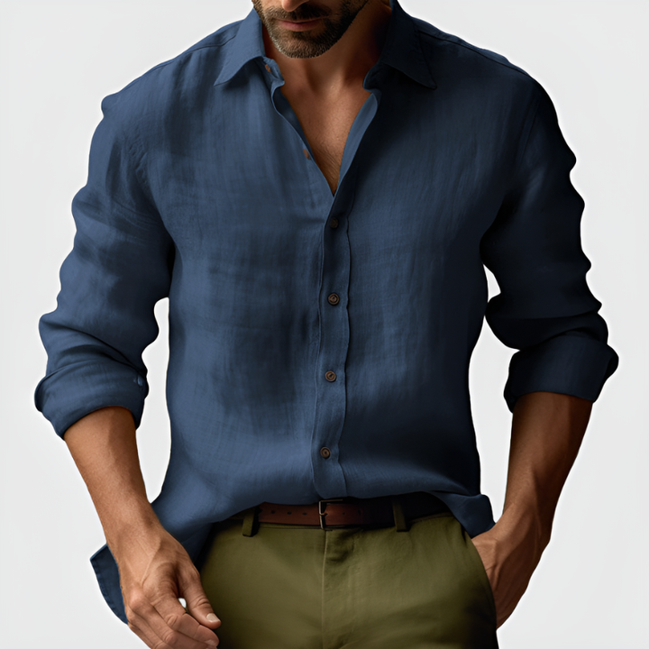 Men's Vintage Long Sleeve Shirt - Classic Button-Up - Navy