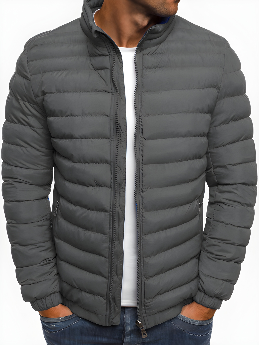 Men's Winter Jacket - Casual Quilted Puffer Coat - Grey