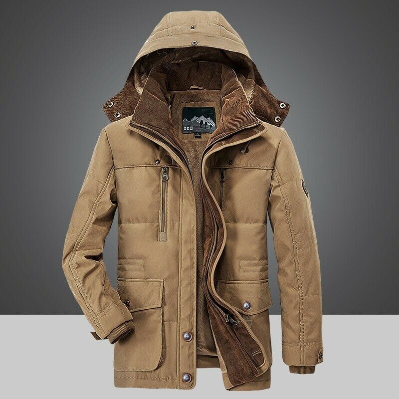 Men's Winter Parka Jacket - Warm Outdoor Coat with Pockets - Khaki