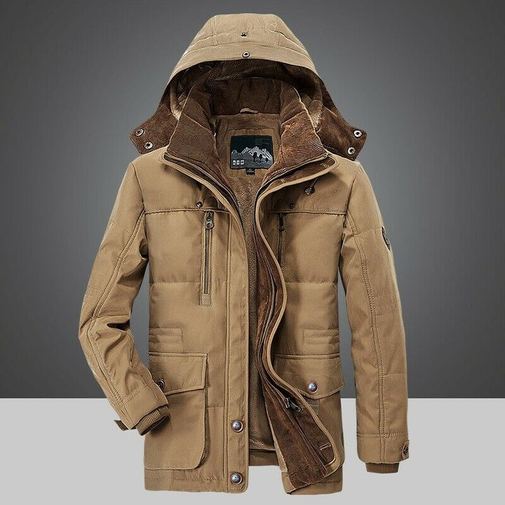 Men's Winter Parka Jacket - Warm Outdoor Coat with Pockets - Khaki
